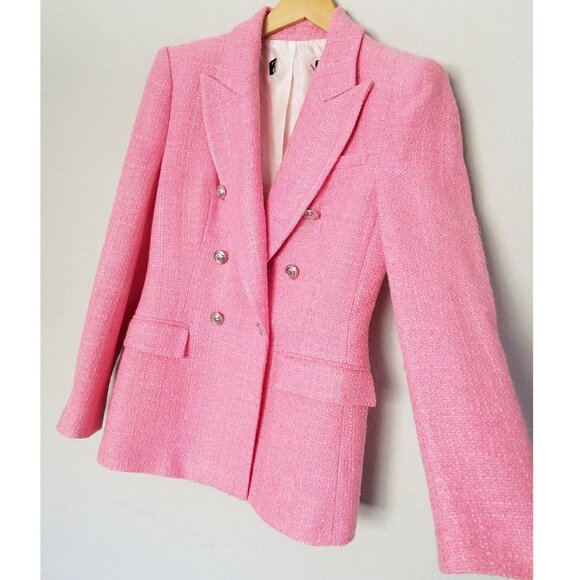 Zara Pink Tweed Textured Double Breasted Blazer Jacket Size S 7553/687 Barbie - Picture 7 of 16